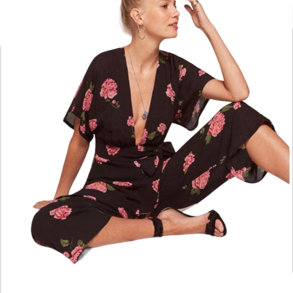 Reformation Black and Pink Floral Swiss Jumpsuit